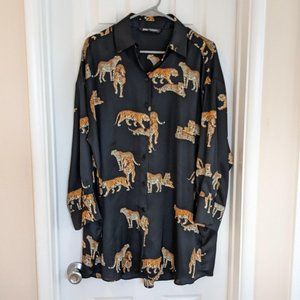 Zara Black Tiger Print Oversized Blouse Shirt Dress Womens Size XS